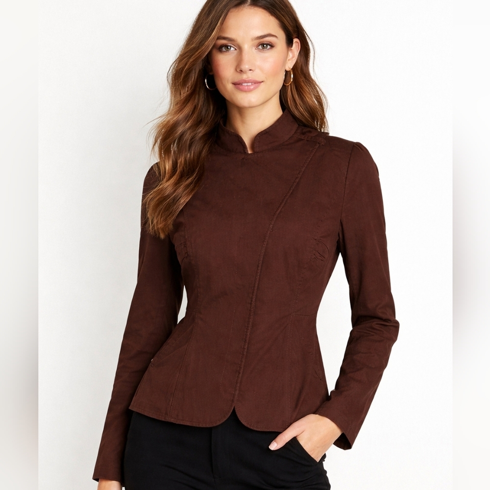 Magaschoni Chocolate Brown Lightweight Asymmetrical Structured Zip Front Jacket